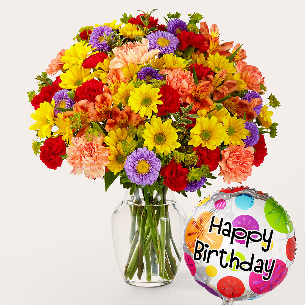 Kaleidoscope Bouquet with Birthday Balloon – SYLVIA'S FLORIST, Antioch CA