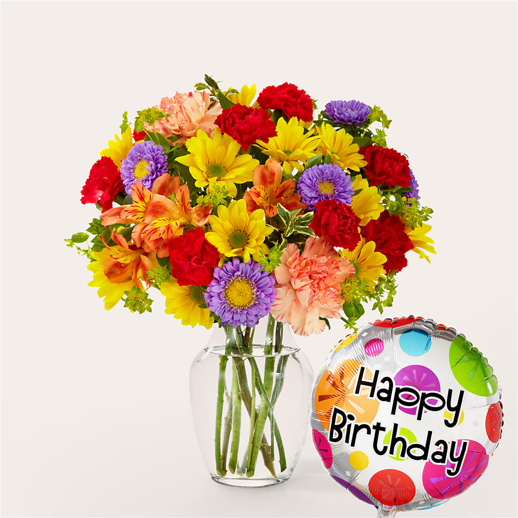 Kaleidoscope Bouquet with Birthday Balloon – SYLVIA'S FLORIST, Antioch CA