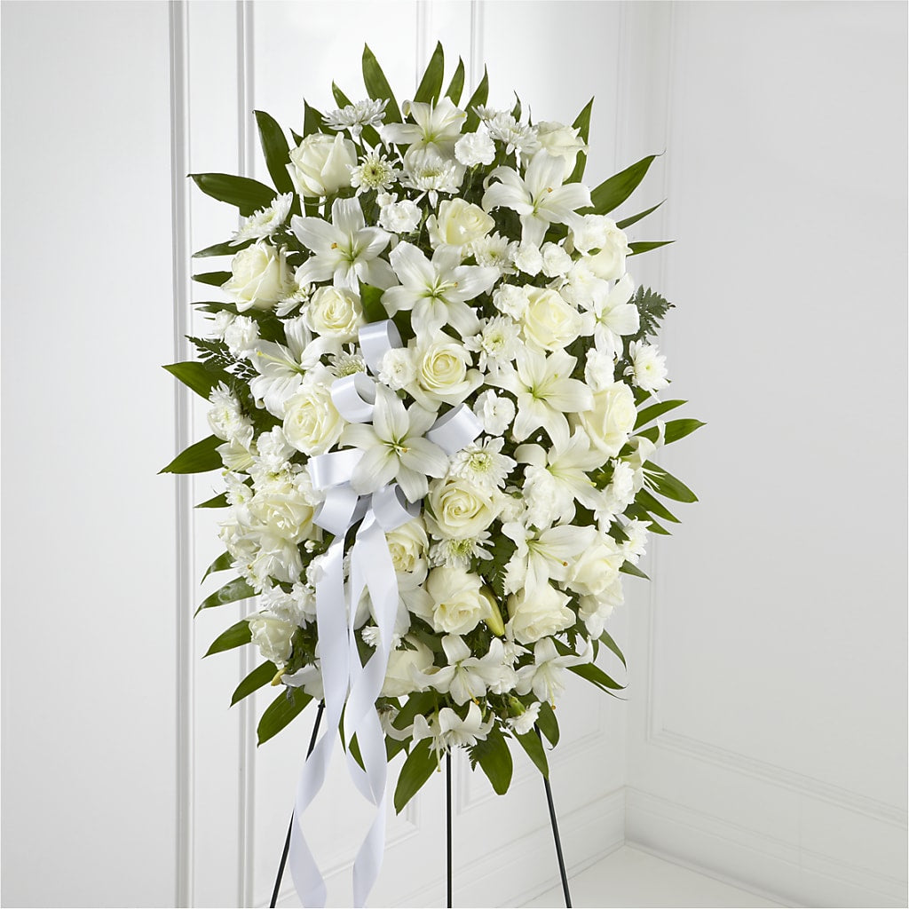 Exquisite Tribute Standing Spray-White Ribbon – SYLVIA'S FLORIST, Antioch CA