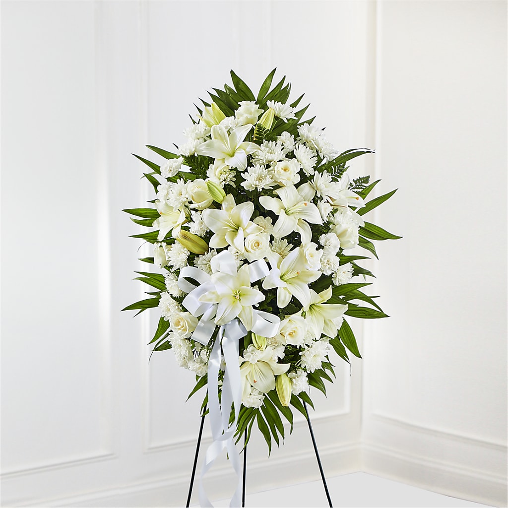 Exquisite Tribute Standing Spray-White Ribbon – SYLVIA'S FLORIST, Antioch CA